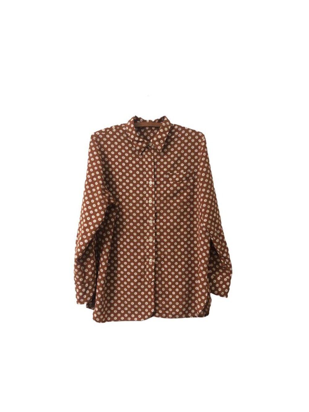 Womens Brown Novelty Button Print Roll Tab Sleeves Button Up Shirt Large